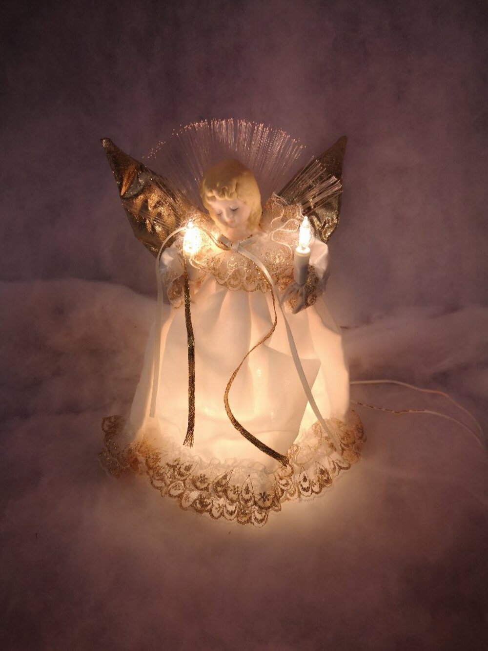 Vintage Fibre Optic 10 Light Angel Tree Topper 8" Tall Plug In Lacy Gown